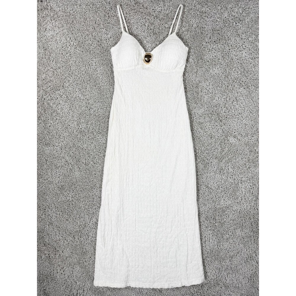 No Comment Women's Size S White Textured Maxi Dress Spaghetti Strap Gold Accent
